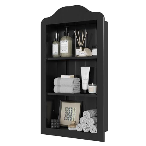 CJL 14''x24'' Recessed Medicine Cabinet, Solid Wood in-Wall Cabinet, Black | Victorian Bathroom Wall Niche Shelf, 3-Tier, No MDF, Fully Assembled - color: Black, size: 14"x24"x3.75"