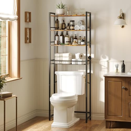 Over The Toilet Storage Shelf, 4-Tier Bathroom Organizer with Basket & Hooks, Sturdy Space Saver for Small Bathrooms, Rustic Brown & Black - color: Brown