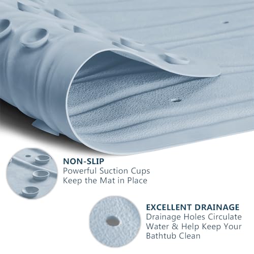 ComfiLife Bath Mat for Bathroom Tub and Shower – Non Slip Extra Large Bathtub Mat with Drain Holes & Suction Cups – Machine Washable Rubber Mats to Keep Bathtub Clean (Light Blue, Wave 16" x 40")