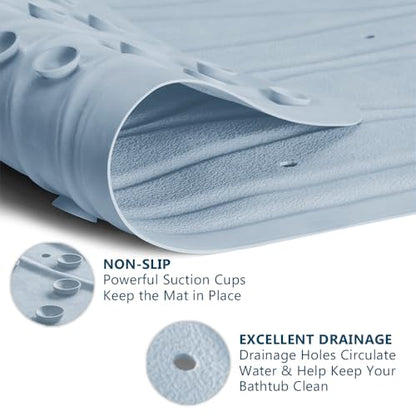 ComfiLife Bath Mat for Bathroom Tub and Shower – Non Slip Extra Large Bathtub Mat with Drain Holes & Suction Cups – Machine Washable Rubber Mats to Keep Bathtub Clean (Light Blue, Wave 16" x 40")