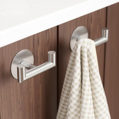 2 Pack Brushed Nickel Bathroom Hooks for Towels, Robes, Coats, Shower Use | Self-Adhesive, Stainless Steel, Rust Resistant, Double hooks, Easy Install, Space Saving - color: Silver