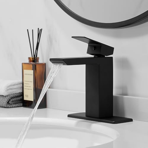 RUMOSE Bathroom Faucets 1 & 3 Hole Vanity Faucet with Drain Matte Black | Single Handle Bathroom Sink Faucet Set Waterfall Spout Kit with Deck Plate Rv Lavatory Basin Faucet, Stainless Steel - color: Matte Black