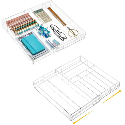 Briwooody 2 Pcs Acrylic Drawer Organizer 9'' up to 18'' x 15'' x 2'' Expandable Drawer Organizer Pens Notebook Ruler Makeup Tray with 7 Adjustable Compartments for Desk Office Kitchen Bathroom(Clear) - size: 18 x 15 x 2inch