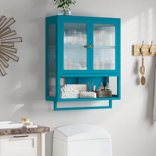 Bathroom Wall Cabinet with 2 Glass Door, Bathroom Medicine Cabinet with Towels Bar and Shelves, Over The Toilet Storage Cabinet, Metal Wall Mounted Cabinet for Kitchen (Blue) - color: Blue