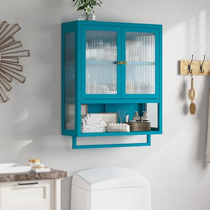 Bathroom Wall Cabinet with 2 Glass Door, Bathroom Medicine Cabinet with Towels Bar and Shelves, Over The Toilet Storage Cabinet, Metal Wall Mounted Cabinet for Kitchen (Blue) - color: Blue