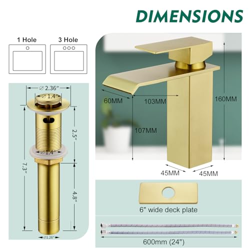 CREA Brushed Gold Bathroom Faucet 1 Hole,Gold Waterfall Bathroom Faucet Single Handle Bathroom Sink Faucet with Drain Stopper/ 3 Hole Deck Plate,RV Basin Vanity Faucet,Stainless Steel - color: Brushed Gold, style: Wide Spout