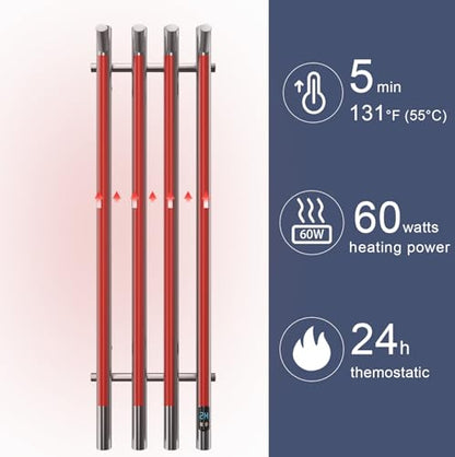 Heated Towel Rack, Gold 4-Bar Wall Mounted Towel Warmer with Timer, Vertical Round Electric Towel Heater, 11.8 x 37.4 x 4.21 Inches (Silver) - color: Silver