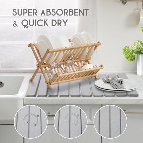 BoxedHome Large Stone Dish Drying Mat for Kitchen Counter, Foldable Diatomaceous Earth Water Absorbing Mat, Bottles Cups 24"(L) 16"(W), Light Gray - color: Light Grey