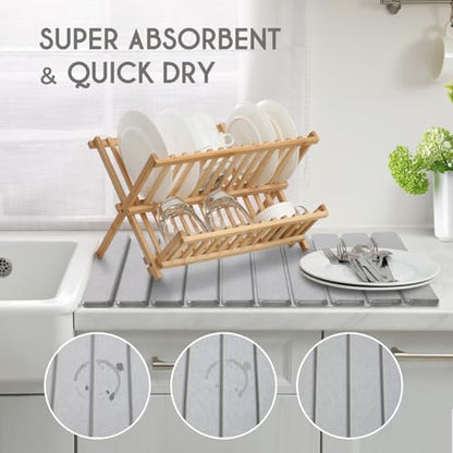 BoxedHome Large Stone Dish Drying Mat for Kitchen Counter, Foldable Diatomaceous Earth Water Absorbing Mat, Bottles Cups 24"(L) 16"(W), Light Gray - color: Light Grey