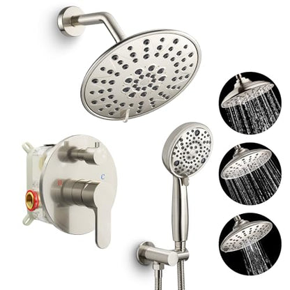 SR SUN RISE Shower Faucet - 8 Inch Multifunctional High Pressure Shower Head System with Handheld Shower Head Fixtures - Valve Included - Brushed Nickel - color: Brushed Nickel, size: 8 Inch