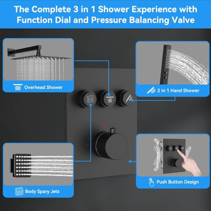 Thermostatic Shower System with Body Jets, STARBATH 12" Rain Shower with 2 in 1 Handheld, Can Use All at Once, Push Button Thermostatic Valve and Trim Kit Complete Shower Faucets Sets, Matte Black - color: Matte Black, size: 12"-05