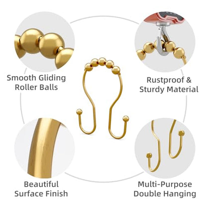 Bathway Shower Curtain Hooks, Shower Curtain Rings Rust Proof Double Hook Shower Curtain Hooks, 12 Pcs Dark Gold Shower Hooks for Shower Curtain, Shower Rings for Curtain, Metal Shower Rod Hooks - color: Dark Gold