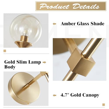 KCO 2 Pack Modern Brass Gold Amber Glass Globe Wall Sconce with Long Rod | E26 Base, Up/Down Mounted, Hardwired Mid Century Wall Light Fixture for Bedroom Reading Bathroom Vanity Hallway Living Room - color: Amber
