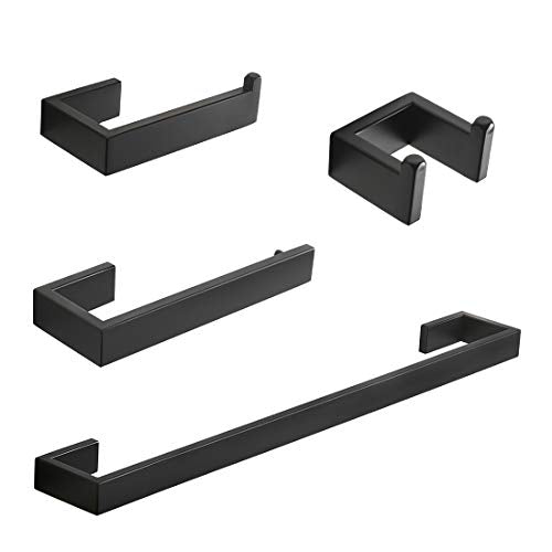 Fapully 4-Piece Bathroom Hardware Accessory Set Matte Black | with 24" Towel Bar Towel Ring Paper Holder Robe Hook - color: Matte Black, style: 4 Piece