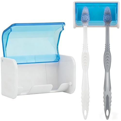Toothbrush Holder Wall Mounted with Cover for Bathroom, 2 Slots Toothbrush Storage Organizer for Shower, Self Adhesive Toothbrush Hanger Rack for Dorm, Cabinet (Blue) - color: White Blue, size: 1 PACK