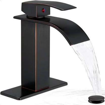 Waterfall Bathroom Faucet Oil Rubbed Bronze, Brass 4 Ins Bathroom Faucets One Hole or 3 Hole, Single Handle with Deck Plate, Pop-up Drain & Water Hose - color: Oil Rubbed Bronze - Farmhouse