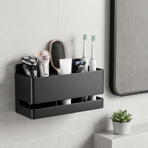 2 Pcs Black Tooth Brush Holder Wall Mounted, Black Wall Hanging Toothbrush Holder for Bathroom, Electric Tooth Brush Holders for Bathroom, Aluminum Toothbrush Stand with Drainage Holes