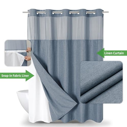 eachope No Hook Fabric Shower Curtain with Snap-in Liner,71x86 Blue Grey | Extra Long,Linen Texture,230GSM Thick Fabric,Mesh Window,Bottom Magnetic,Waterproof & Machine Washable,for Bathroom,Hotel Use - color: Blue Grey, size: 71"W x 86"L (Pack of 1)