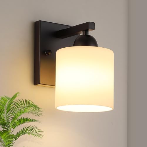 Mecgirn Matte Black Milk Glass Wall Sconces, 1 Pack Hardwired Indoor Wall Light Fixtures for Living Room, Hallway, Bedroom, Ceramic E26 Sockets (Bulbs Not Included) - color: Matte Black, size: 1 Light