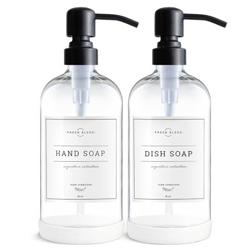 Vine Creations Clear Glass Soap Dispenser, 2 Pack Kitchen Soap Dispenser Set with Stainless Steel Pump, 16 oz Dish Soap and Hand Soap Dispensers for Bathroom with Waterproof Labels - color: Clear Bottle / Matte Black Pump