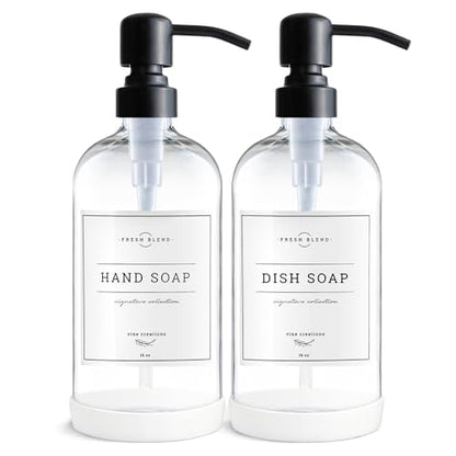 Vine Creations Clear Glass Soap Dispenser, 2 Pack Kitchen Soap Dispenser Set with Stainless Steel Pump, 16 oz Dish Soap and Hand Soap Dispensers for Bathroom with Waterproof Labels - color: Clear Bottle / Matte Black Pump