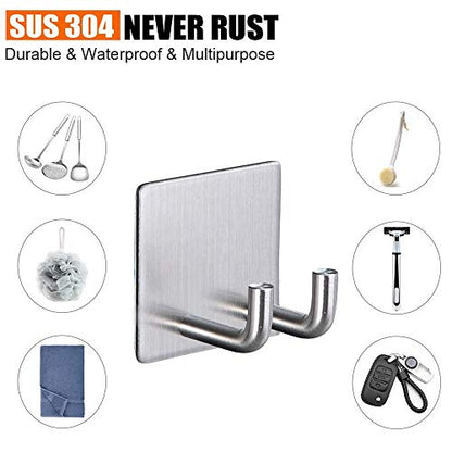 Adhesive Hooks Razor Holder Heavy Duty Wall Hooks Stainless Steel Waterproof Hanger For Kitchen Bedroom Bathroom,Stick on Hook Antiskid Hangers Double Hanging Towel Robe Coat Key Brushed Nickel 2-Pack