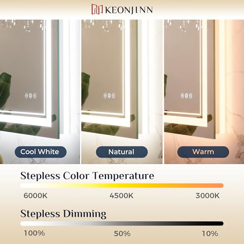 Keonjinn 40” x 36” LED Bathroom Mirror with Lights, Frontlit and Backlit | HD Tempered Glass, Separately Frontlit/Backlit, Double Light Strips, Stepless 3 Colors Temperature & Dimmable, Fast Anti fog - size: 36"L x 40"W