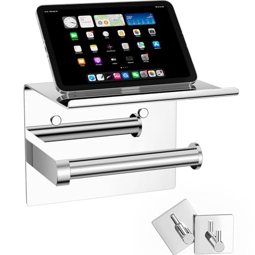 Tindbea Mega Size Toilet Paper Holder with Shelf + Towel Robe Hooks, Adhesive or Screw Wall Mounted Toilet Paper Roll Holder, Stainless Steel Bathroom Hardware Set (Polished Chrome) - color: Polished Chrome, size: Large