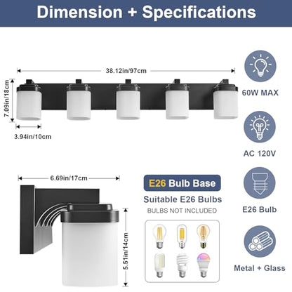 36.5 Inches Bathroom Vanity Light, 5-Light Black Bathroom Light Fixtures Over Mirror, Bathroom Light Shower Lamp with Milky White Square Glass Shade, Modern Farmhouse Lighting Fixtures - color: Black, size: 36.5 Inch : 5-lights