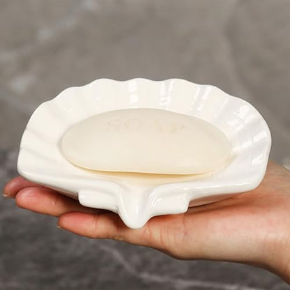Ceramic Soap Holder, Sea-Shell Soap Tray with Self Draining, Soap Tray for Sink Washroom Bathroom Shower, Small Cute and Elegant Holder with Glaze, Easy Cleaning (White) - color: White