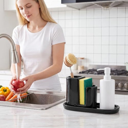 Ceramic Kitchen Sink Caddy Sponge Holder and Dish Brush Holder and Soap Tray for Kitchen Sink Organizer, Black - color: Black