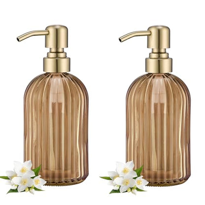 16 OZ Amber Glass Soap Dispenser, Amber Stripe Bathroom Hand Soap Dispensers with Stainless Steel Brushed Gold Pump,Brown Glass Kitchen Hand Soap Dispenser with Brushed Gold Pump,2 Packs - color: Brushed Gold + Amber, size: 2-Pack