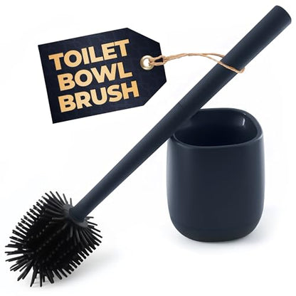 Toilet Bowl Brush and Holder, Silicone and Plastic (Black) | Compact Toilet Brush, Easy to Place and Simple to Store After Use, Strong Rubber Plunger & Stiff Bristle Brush - color: Black