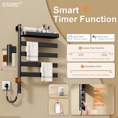ENZE Smart Rotating Heated Towel Rack, 4-Bar, Matte Black | Wall-Mounted Electric Towel Warmer, Swivel Shelf, Wi-Fi App Control, 24H Timer, Stainless Steel - color: Black 17.72"x26.77"