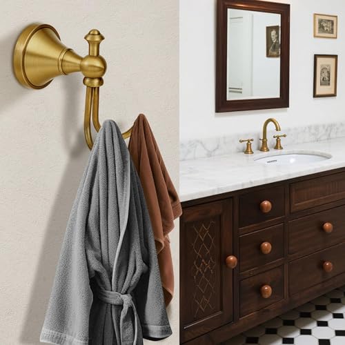 Antique Brass Towel Hook, Brass Bathroom Robe Hook, Rustic Double Towel Hooks Bath Farmhouse Coat Clothes Hook Wall Mounted for Bathroom Kitchen Washroom - color: Antique