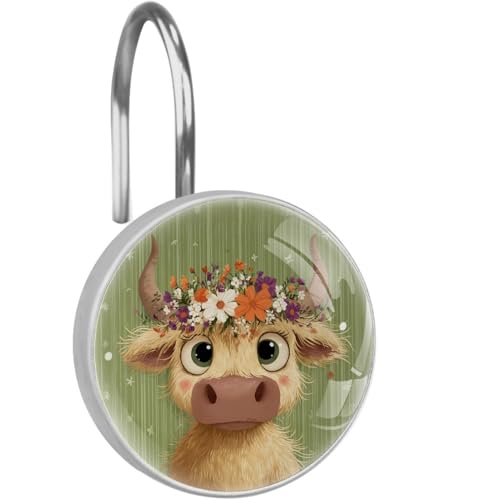 Crystal Glass Shower Curtain Hooks Set of 12, Rustproof Shower Curtain Rings for Bathroom, Cute Highland Cow Decorative Shower Curtain Hangers for Shower Curtain Rod, Bedroom - color: Cute Highland Cow