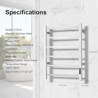 Electric Heated Towel Warmer - Wall Mounted Bathroom Towel Rack, Plug-in Design & Stainless Steel Brushed with Timer & Temperature Control 6 Bar - color: Square Brushed With Timer, size: 6 Bar