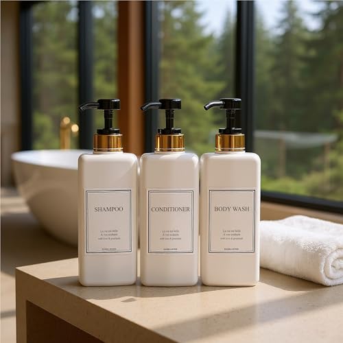 Modern Gold Design Shampoo and Conditioner Dispenser - Large 27oz Shower Soap Dispenser, Set of 3 Refillable Empty Plastic Pump Bottles for Bathroom and Body Wash (6 Waterproof Labels Included), Black - color: Black