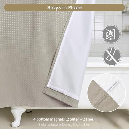 No Hook Shower Curtain Set with Snap-in Detachable Liner, 230 GSM Waffle Weave Fabric, Heavy Duty Water-Repellent, Khaki Beige, 72 x 86 Inch - color: Khaki Beige, size: 72"W x 86"L (Pack of 1)