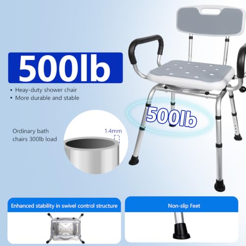 Swivel Shower Chair with Handle 500lbs Adjustable Arms & Back 360° Rotating | 360° Swivel, 5-Level Height Adjust, Non-Slip Feet, Tool-Free Assembly With Extra Suction Bath Grab Bar - size: Gray Set
