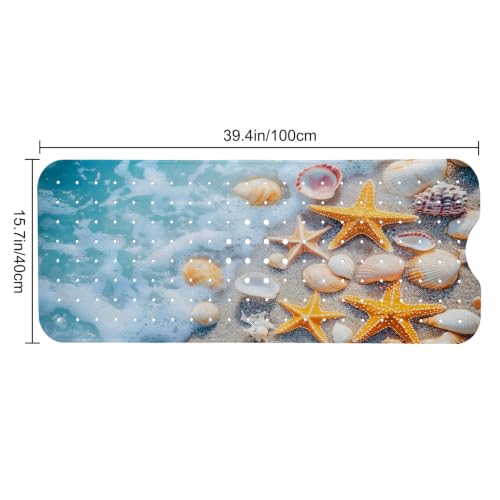 LNOND Summer Beach Bathtub Mat Non Slip, 40 X 16 Inch Tub Mat for Bathroom, Sea Beach Starfish Shell Bath Tub Shower Mat with Drain Holes and Suction Cups - color: Sea Starfish Shell Bathtub Mat