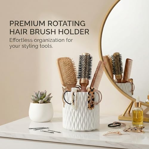White Makeup Brush Holder, 360° Rotating Makeup Organizer | 5-slot spinning organizer for vanity, bathroom & desk — holds 30-50 makeup brushes, lipstick, hair brush & art supplies - style: White