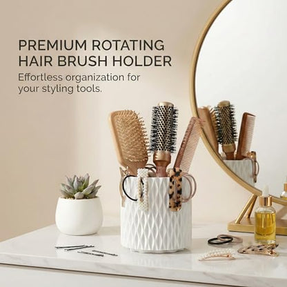 White Makeup Brush Holder, 360° Rotating Makeup Organizer | 5-slot spinning organizer for vanity, bathroom & desk — holds 30-50 makeup brushes, lipstick, hair brush & art supplies - style: White