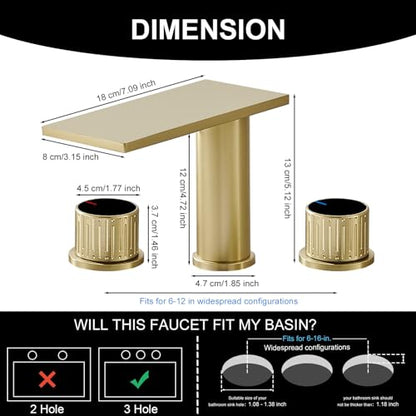 becola Brushed Gold Bathroom Faucet 3 Hole, 8 inch Widespread Bathroom Faucet with Top Storage, Waterfall Bathroom Faucet，2-Handle Modern Vanity Faucet with Adjust Knobs and Two Supply Lines - color: Gold