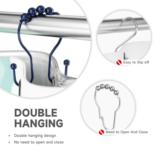 Bathway Shower Curtain Hooks, Shower Curtain Rings Rust Proof Navy Blue Double Hook Shower Curtain Hooks, 12 Pcs Shower Hooks for Shower Curtain, Shower Rings for Curtain, Metal Shower Rod Hooks - color: Navy Blue