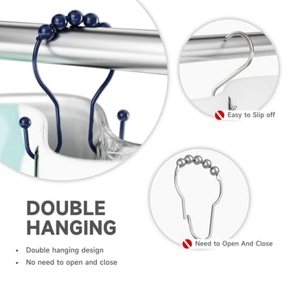 Bathway Shower Curtain Hooks, Shower Curtain Rings Rust Proof Navy Blue Double Hook Shower Curtain Hooks, 12 Pcs Shower Hooks for Shower Curtain, Shower Rings for Curtain, Metal Shower Rod Hooks - color: Navy Blue