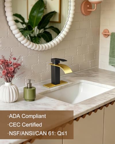 Waterfall Single Handle Bathroom Sink Faucet with Drain BlackGold | Black Gold Vanity Faucet with Pop-up Drain, Ceramic Valve, for 1 or 3 Hole Modern Bathrooms. - color: Black Gold