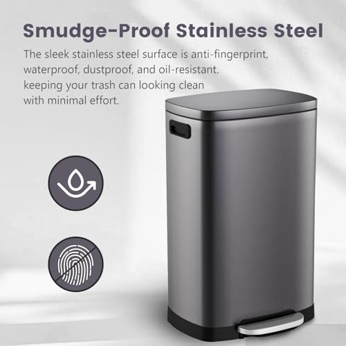 ELPHECO Kitchen Trash Can with Lid 13 Gal Stainless Steel Pedal Garbage Can | Soft Close Lid Pedal Heavy-Duty Fingerprint Proof Step Wastebasket with 20 Bags Removable Bucket, Home Office, Titanium Black - color: Titanium Black