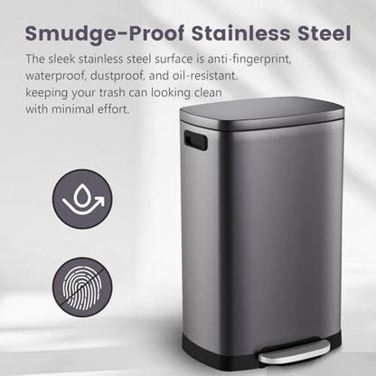 ELPHECO Kitchen Trash Can with Lid 13 Gal Stainless Steel Pedal Garbage Can | Soft Close Lid Pedal Heavy-Duty Fingerprint Proof Step Wastebasket with 20 Bags Removable Bucket, Home Office, Titanium Black - color: Titanium Black