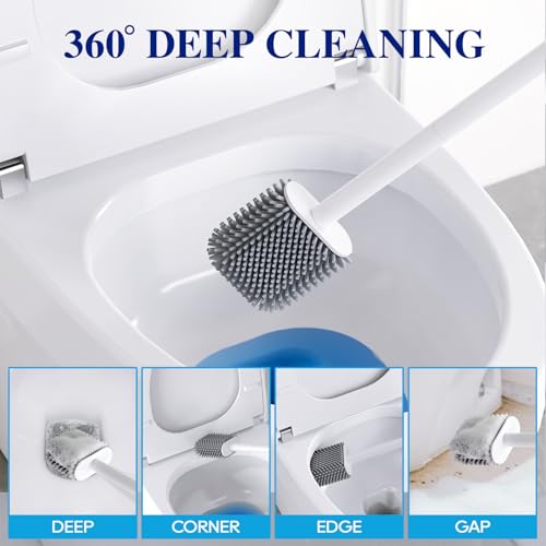 Silicone Toilet Bowl Brush with Holder, 2 Pack, White | Ventilated Holder, Floor Standing & Wall Mounted, Toilet Cleaner Brush for RV Travel, Camper, Family Bathroom - style: 2 Pack